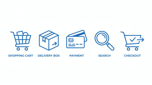 E-commerce icon set, minimal vector symbols, shopping cart, delivery box, payment, search, checkout, isolated background.