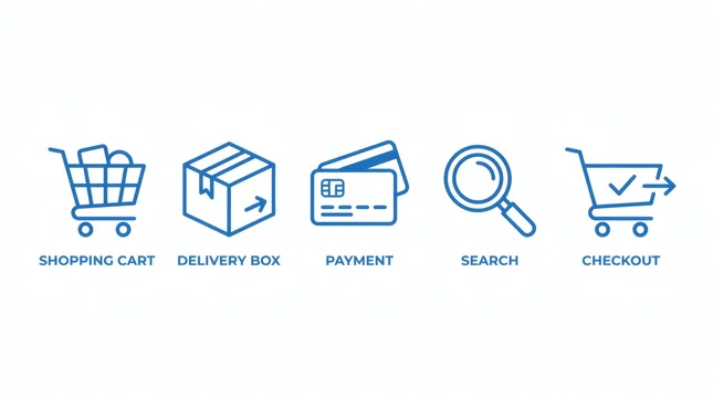 E-commerce icon set, minimal vector symbols, shopping cart, delivery box, payment, search, checkout, isolated background.