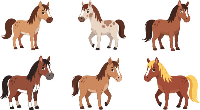 Set of 6 Cute Cartoon Horses in Various Poses and Colors for Animal, Farm, and Kid&rsquo;s Illustration Designs