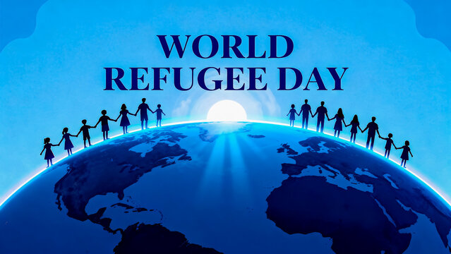 World refugee day graphic with silhouette people on globe human rights social issues silhouette humanity migration emigration displacement immigrant awareness international community