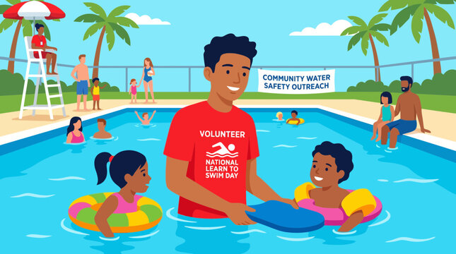 Volunteer teaching children swimming at community water safety event
