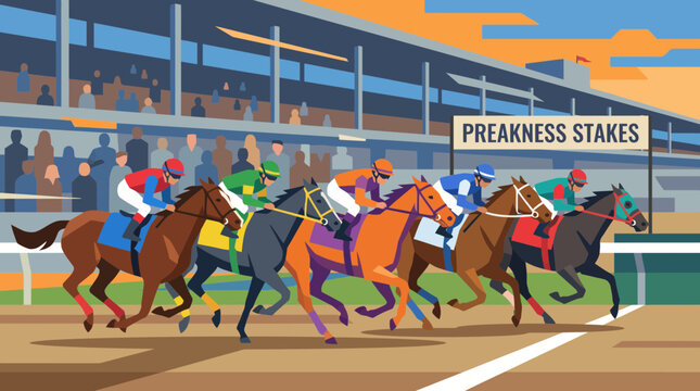 Flat style vector illustration of jockeys racing horses at a track