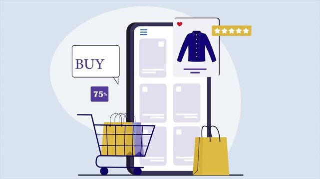 Online shopping event with mobile phone and shopping cart on screen showing discounts and products for sale