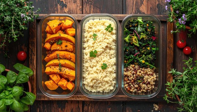 Three glass containers of healthy food roasted squash, couscous, and greens/grains