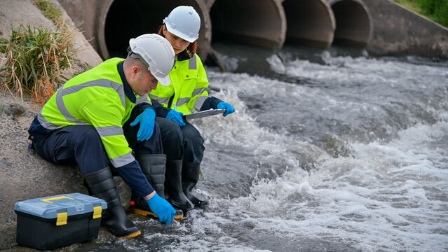 Scientists are collecting water samples from water flowing from pipes into a natural river to test for contaminants.