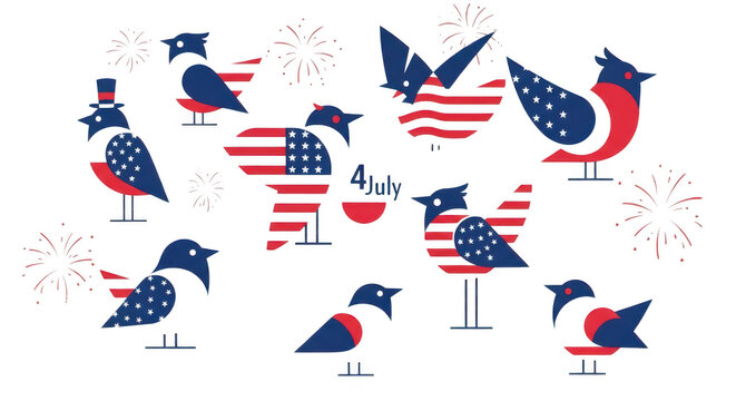 Colorful birds flying around a flag with musical notes and a baseball bat