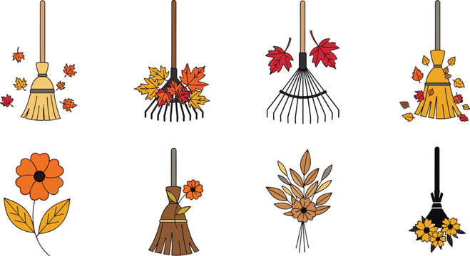 Set of Autumn Garden Tools Including Rakes Brooms and Fall Flowers for Seasonal Yard Work and Thanksgiving Graphic Design Vector Illustrations