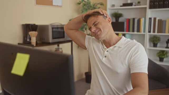 Man rubbing neck and holding head at desk with computer monitor and sticky note, bookshelf and microwave visible in building; frustration fatigue.