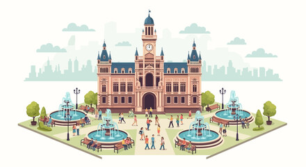 Naklejka premium Ornate Historic Building with Fountains and People.
