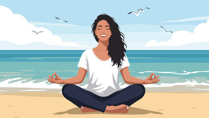 Fototapeta premium Serene woman practicing meditation in a lotus pose on a sunny beach with seagulls flying over the calm ocean waves.