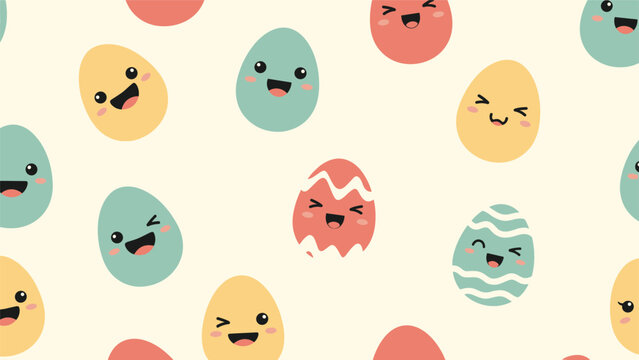 Playful seamless pattern featuring colorful Easter eggs with a variety of cute smiley faces and happy expressions.