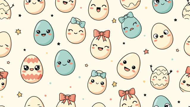 Adorable seamless pattern of Easter egg characters with varied expressions, cute bows, and tiny stars on a cream base.
