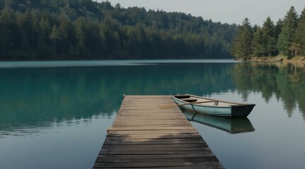 Obraz premium Wooden pier juts into calm turquoise lake, small boat with paddle floats nearby. Forested hills reflect on water surface. Peaceful remote nature scene.