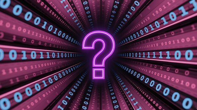 Digital question mark with binary code tunnel representing data mystery and technology concept