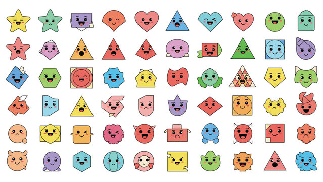 Various geometric shapes with funny cartoon faces and diverse expressions in a large set for educational materials and children apps.