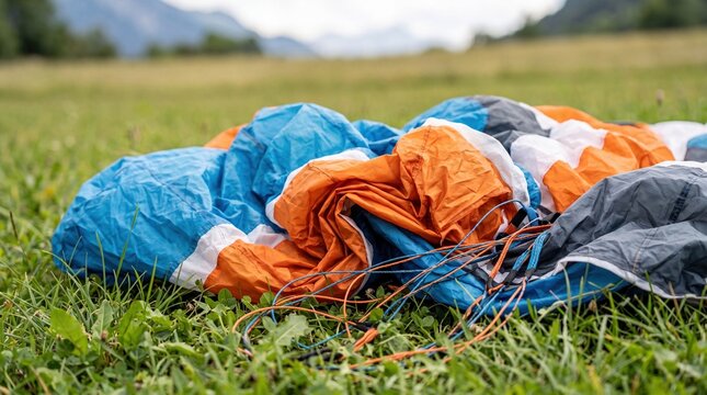 Colorful parachute lying on green grass in a mountainous landscape with cloudy sky and distant hills visible in the background