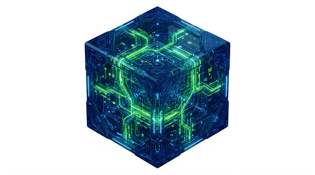 Futuristic blue glowing data cube with circuit board patterns on transparent background.