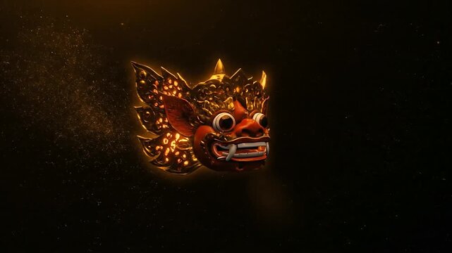 Intricate Balinese Barong Mask Glowing in Darkness.