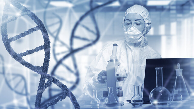 Biotechnology laboratory, scientist in protective suit studies DNA research samples using microscope and laptop for genetic analysis.
