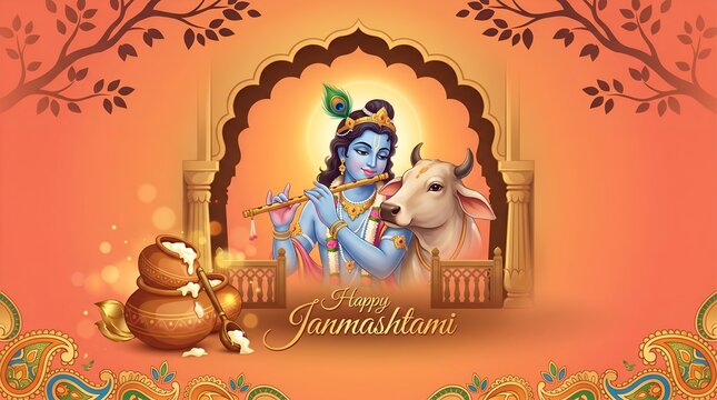 Happy Janmashtami Greeting with Lord Krishna Playing Flute and Holy Cow
