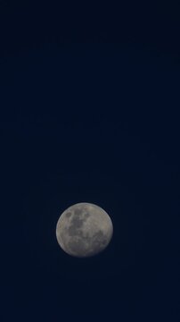 Full moon rising slowly against a dark blue night sky background. Beautiful celestial event, lunar phase transition, space and astronomy concept for cinematic backgrounds.