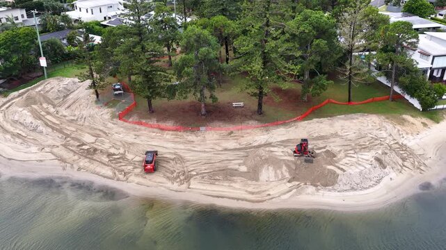 Aerial View of Excavator Working on Gold Coast Canal Beach Renovation