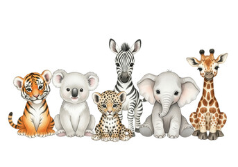 Obraz premium watercolor illustration of six adorable pastel baby safari animals (tiger, koala, zebra, elephant, leopard, giraffe) sitting on a white background with copy space. concept for nursery decor and