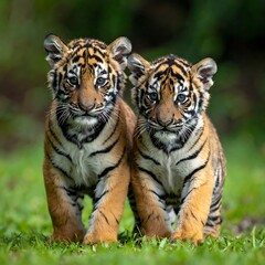 Obraz premium Two adorable tiger cubs walking in a lush green field