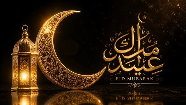 Golden crescent moon and ornate lantern with eid mubarak calligraphy glowing light reflection on black background