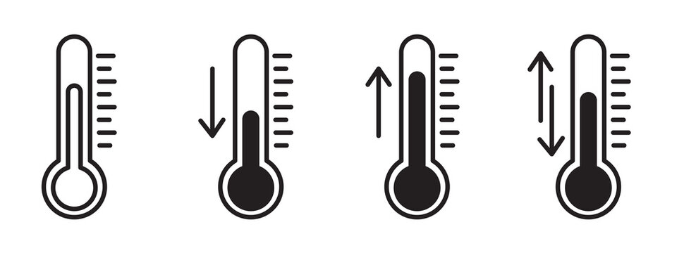 Thermometer Icons Set With Rising Falling and Fluctuating Temperature Arrows Black Outline Vector