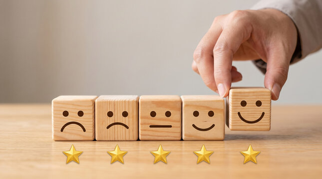 Customer feedback concept with wooden blocks, hand choosing happy face emoji for five star rating, satisfaction survey and service quality evaluation