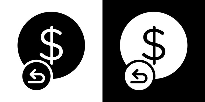Cashback icon in solid fill style showing dollar symbol with return arrow, representing cashback rewards, money return, shopping savings and payment benefits.