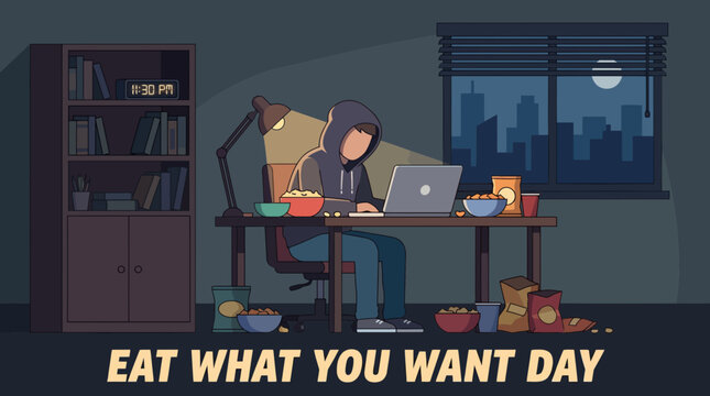 Man in Hoodie Eating Snacks While Working Late Night Illustration