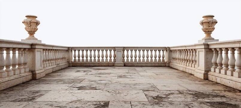 Elegant stone terrace or balcony featuring traditional balustrade railing and classical decorative urns against bright sky background. High quality photo