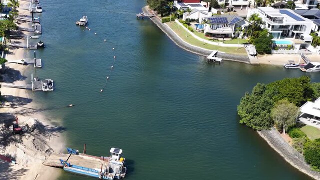 Aerial View of Dredging Barge and Excavator for Beach Nourishment