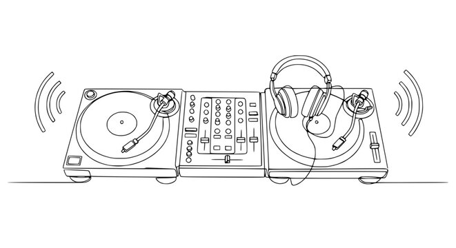 DJ Turntable Setup with Headphones - Music Entertainment Line Art