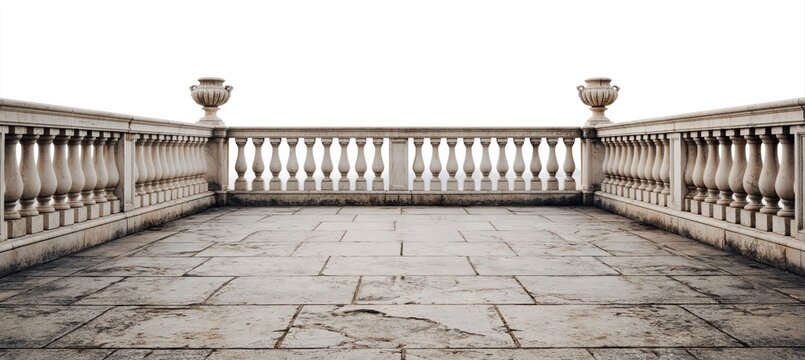 View of empty classical stone balcony with decorative balustrades and pedestals under bright white sky. High quality photo