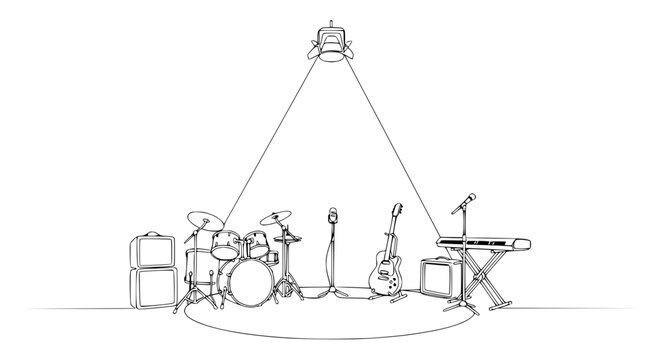 Music Stage Setup: Drum Kit, Guitars, Keyboard, Microphones, Amplifiers, Spotlight