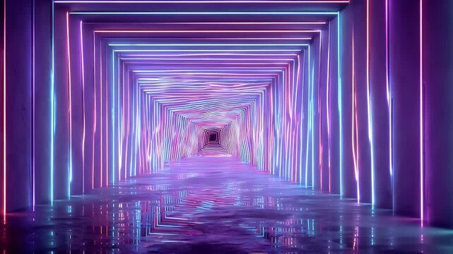 Fast travel through space warp tunnel with vibrant neon light streaks and abstract digital speed lines effect for sci-fi motion background design concept in high quality seamless loop video clip.