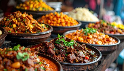 Obraz premium Beef paya nihari displayed for sale in a local Bangladeshi market,