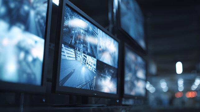 In this medium shot of the surveillance wall array in the campus security room, you can see a live access control feed that is in sharp detail while the surrounding screens are blurry.