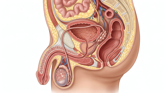 Detailed sagittal view of the human male genitourinary system, illustrating the anatomy of reproductive and urinary organs