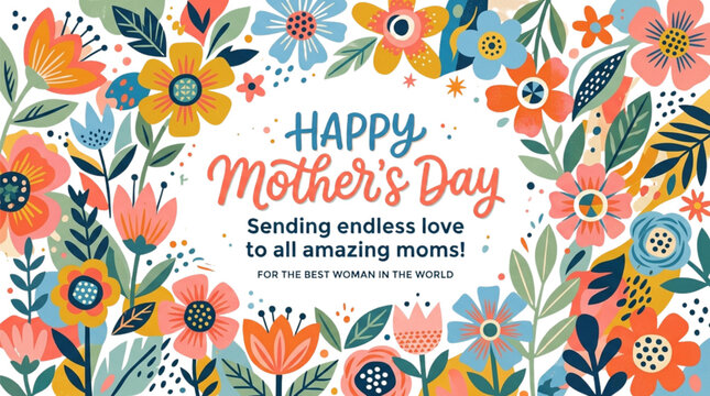 Happy Mothers Day Greeting Card Design with Colorful Floral Frame and Decorative Botanical Elements for Holiday Social Media Posts