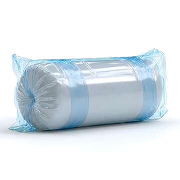Roll of white paper wrapped in blue plastic packaging