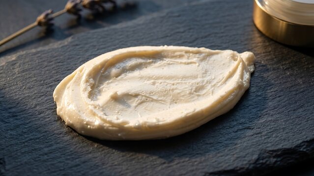 Smear of beige cream on dark slate surface, with gold container and dried lavender