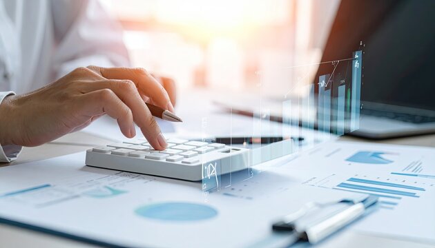 Business person using calculator with virtual tax dashboard, representing digital tax planning, financial calculation, and strategic income management in modern finance.