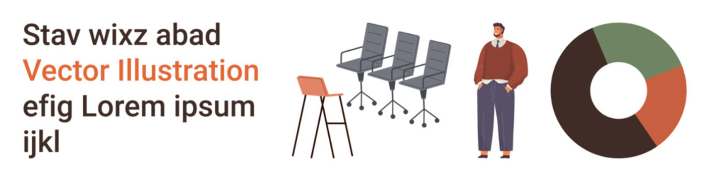 Business events, team discussions, workplace setup, presentations, data analytics, corporate strategy. Visual includes a presenter, office chairs stool and a circular chart. Business events