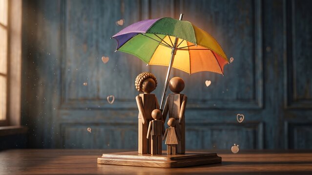 Wooden family figurines under rainbow umbrella on table