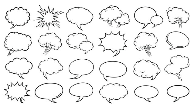 Large collection of diverse blank speech and thought bubbles in a comic book style with various interesting shapes and outlines.