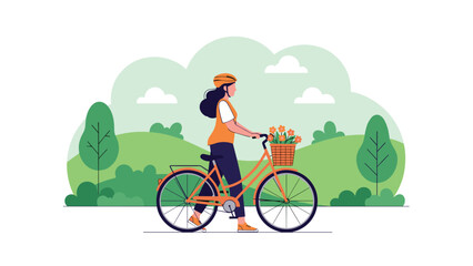 Naklejka premium Young woman in a safety helmet walking her orange bicycle with a basket of flowers in a lush green park on a bright sunny day.